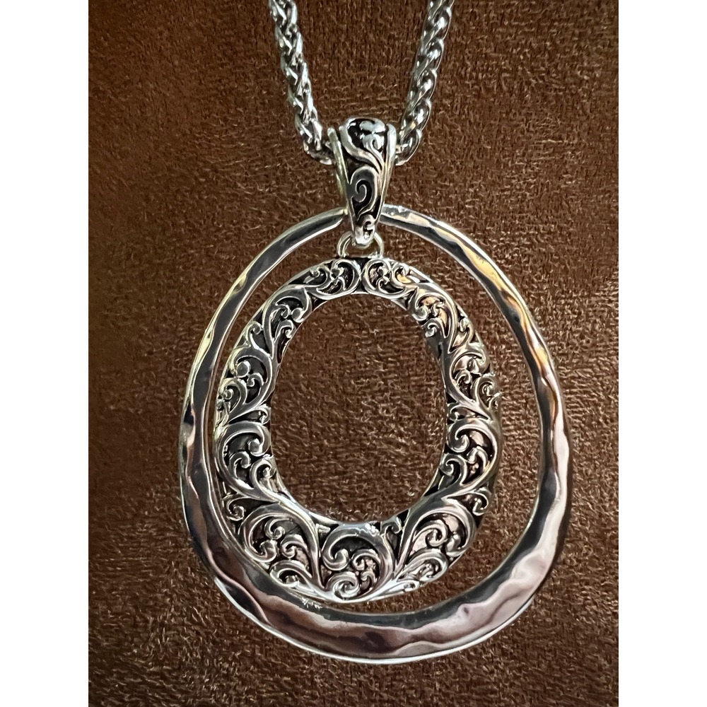 Silver Tone Hammered Filigree Double Oval Pendant Long Necklace 34-37" Whimsical
